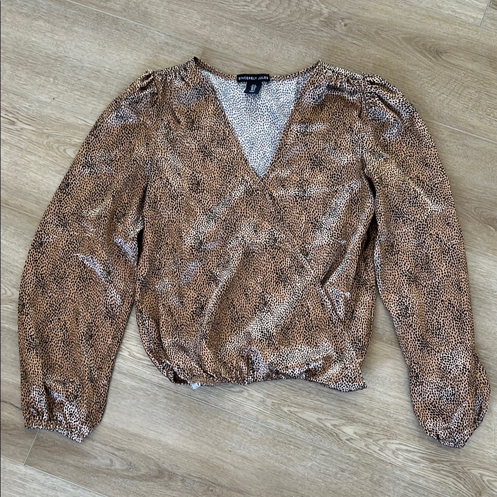 Brown Animal Print Surplice Long-Sleeve Top